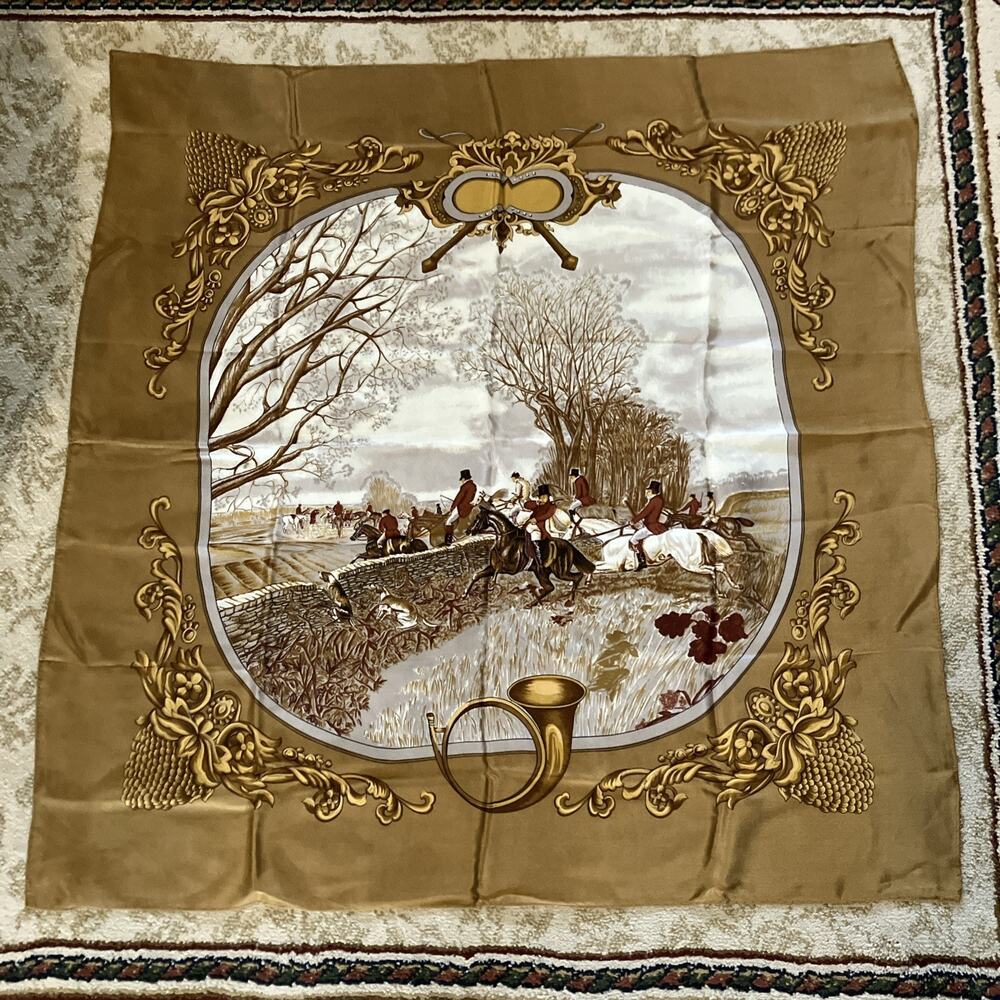 Vtg Hunt Scene Silk Scarf Bronze Equestrian Hunting Print Fox Hunt Japan Luxury